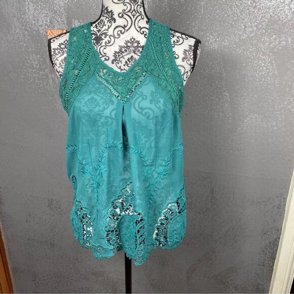 Coco + Jaimeson Teal Lace Embroidered Teal Tank Top. Boho Chic Cute. Sz Medium - Picture 1 of 8